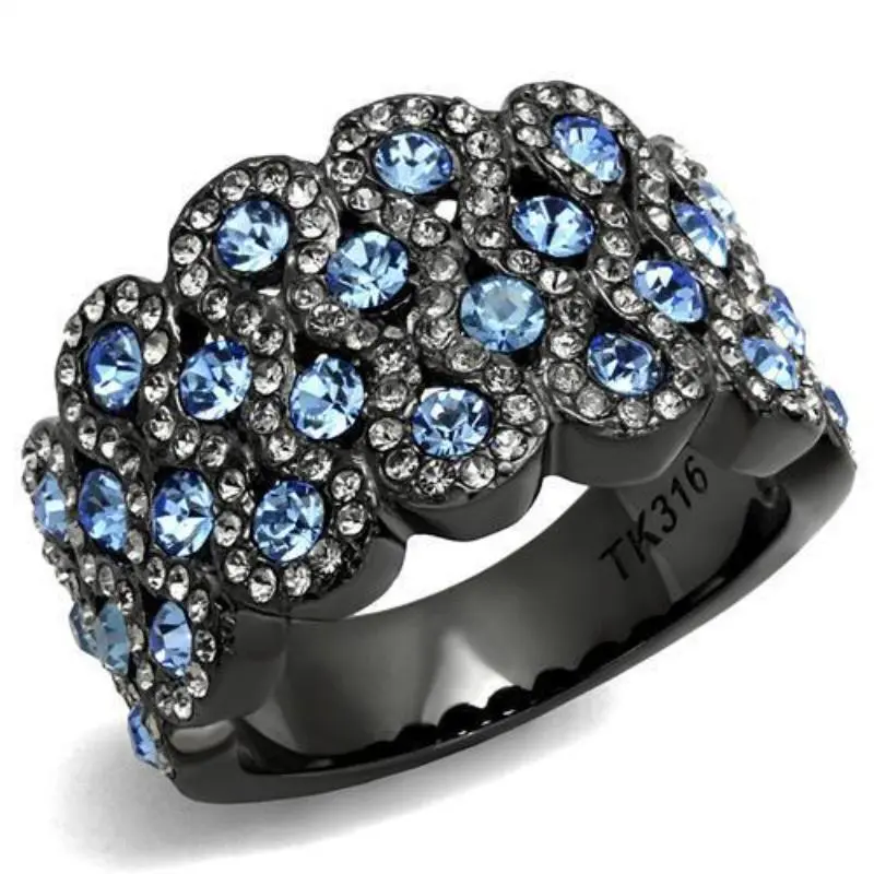 Ip Light Black Stainless Steel Ring With Top Grade Crystal In Light Sapphire 1