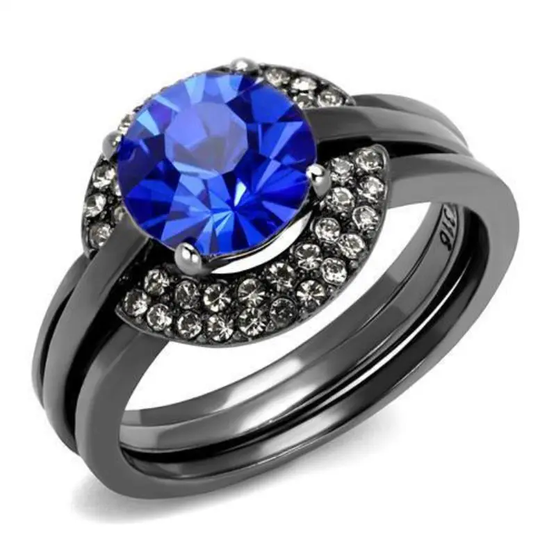 Ip Light Black Stainless Steel Ring With Top Grade Crystal In Sapphire 1