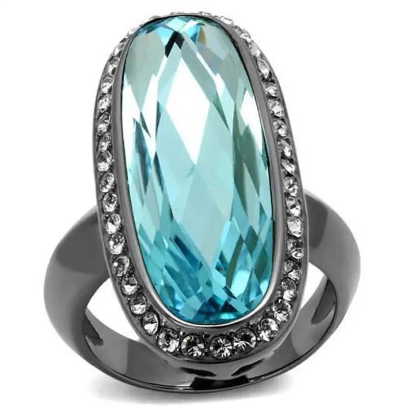 Ip Light Black Stainless Steel Ring With Top Grade Crystal In Sea Blue 1