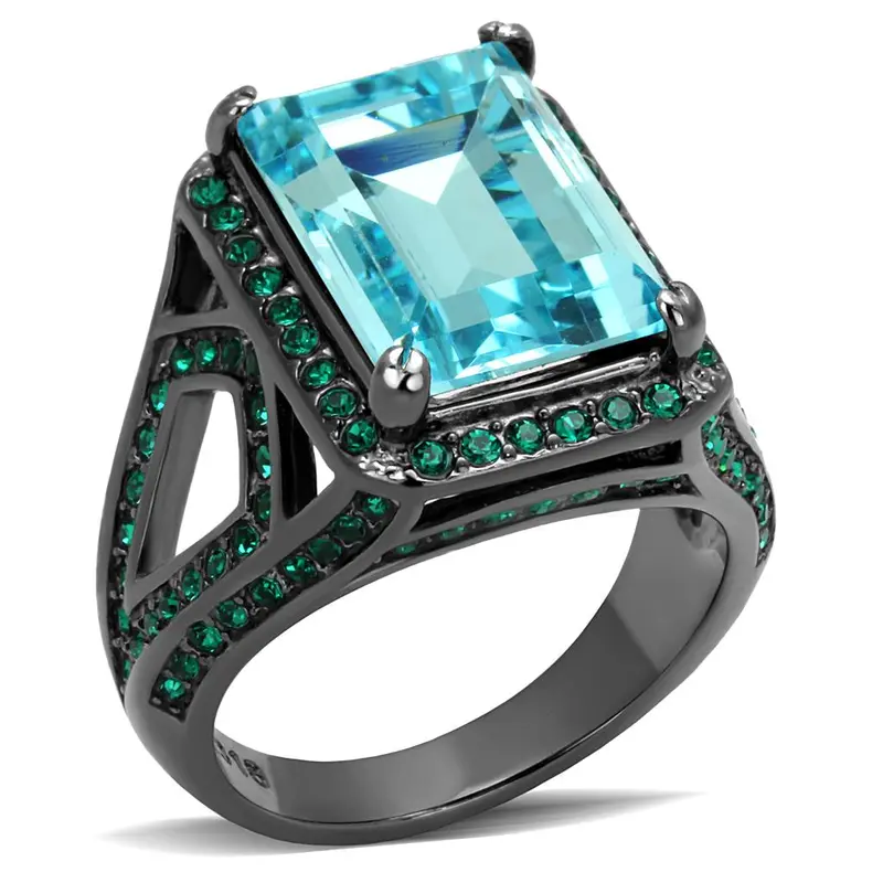 Ip Light Black Stainless Steel Ring With Top Grade Crystal In Sea Blue 1
