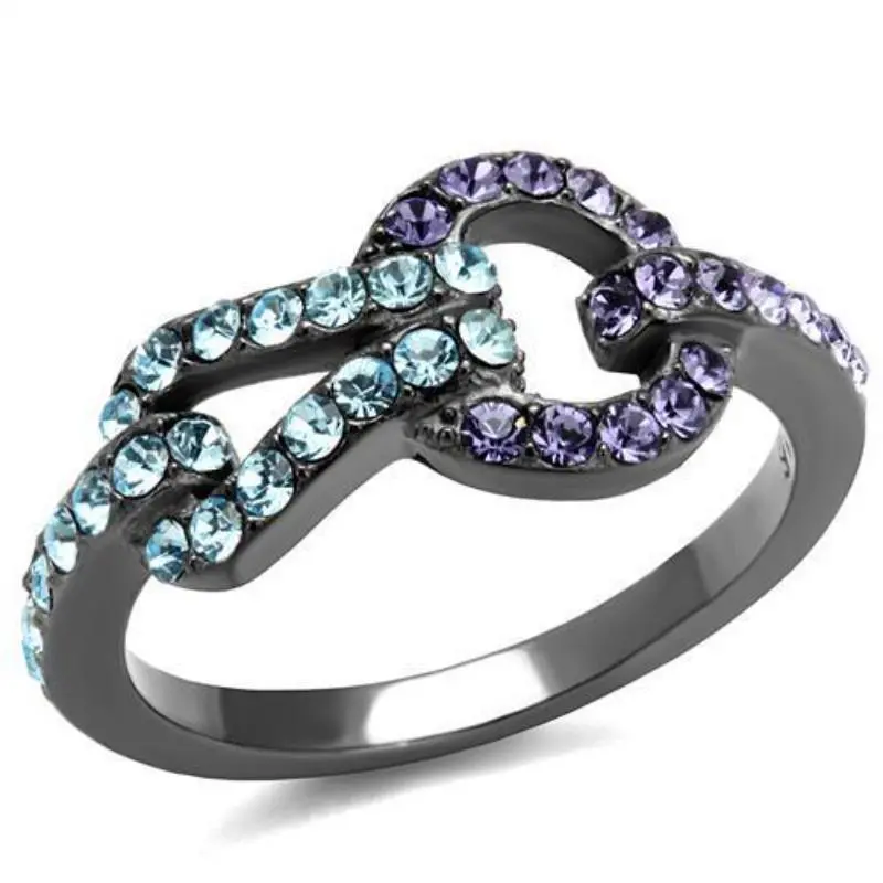 Ip Light Black Stainless Steel Ring With Top Grade Crystal In Tanzanite 1