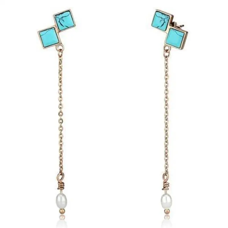 Ip Rose Gold(Ion Plating) Stainless Steel Earrings With Synthetic Turquoise In Sea Blue 1