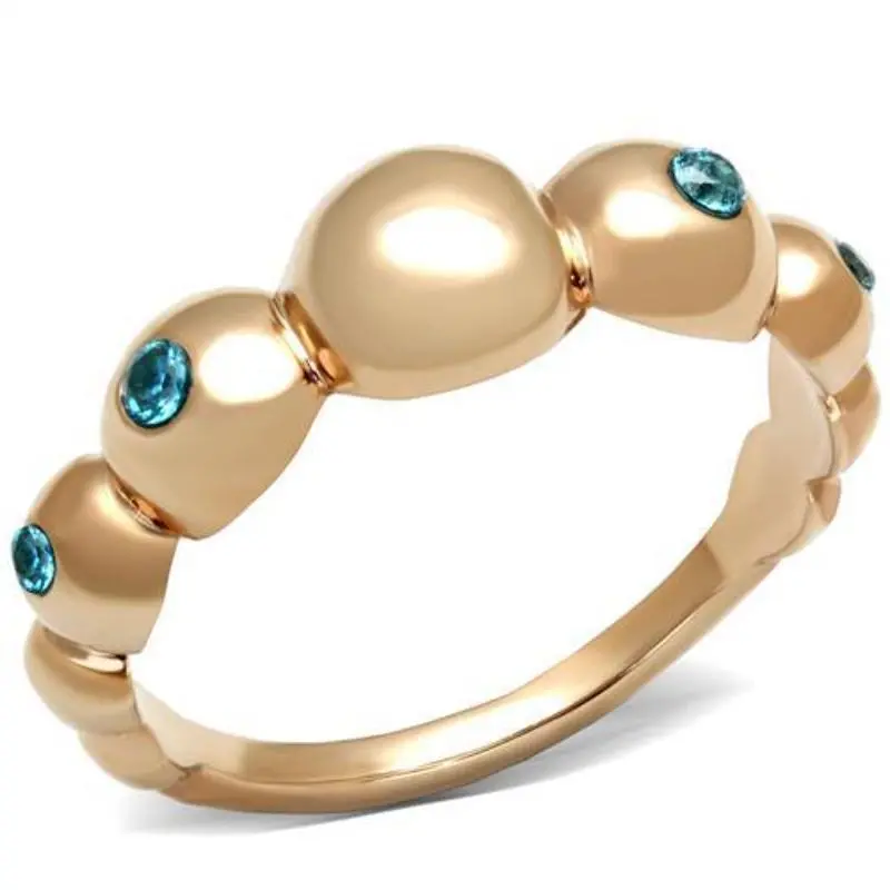 Ip Rose Gold(Ion Plating) Stainless Steel Ring With Aaa Grade Cz In Sea Blue 1