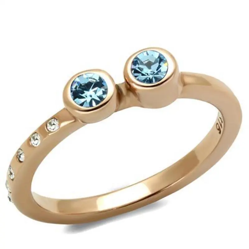 Ip Rose Gold(Ion Plating) Stainless Steel Ring With Top Grade Crystal In Sea Blue 1