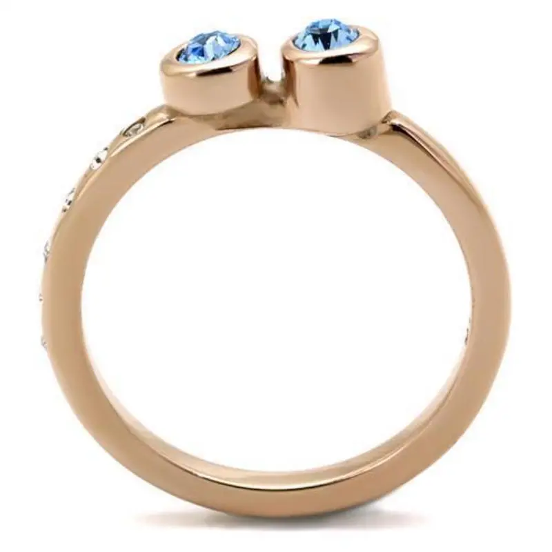 Ip Rose Gold(Ion Plating) Stainless Steel Ring With Top Grade Crystal In Sea Blue 3
