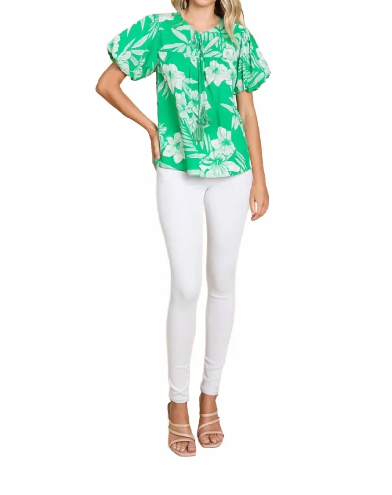 Island Vibes Hawaiian Floral Shirt With Puff Sleeves In Green & White 1