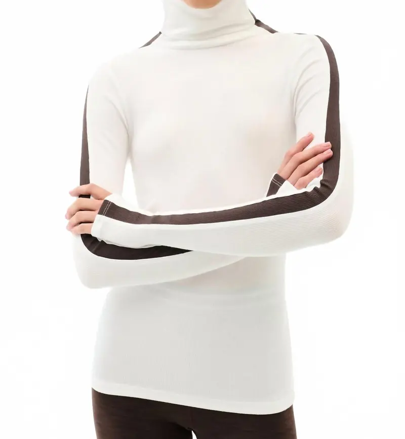 Jackson Rib Full Length Turtleneck Top In White/Dark Chocolate 1