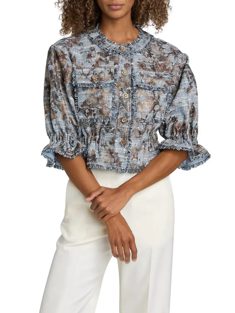 Jaxie Foil Print Tweed Crop Jacket In Silver Multi 1