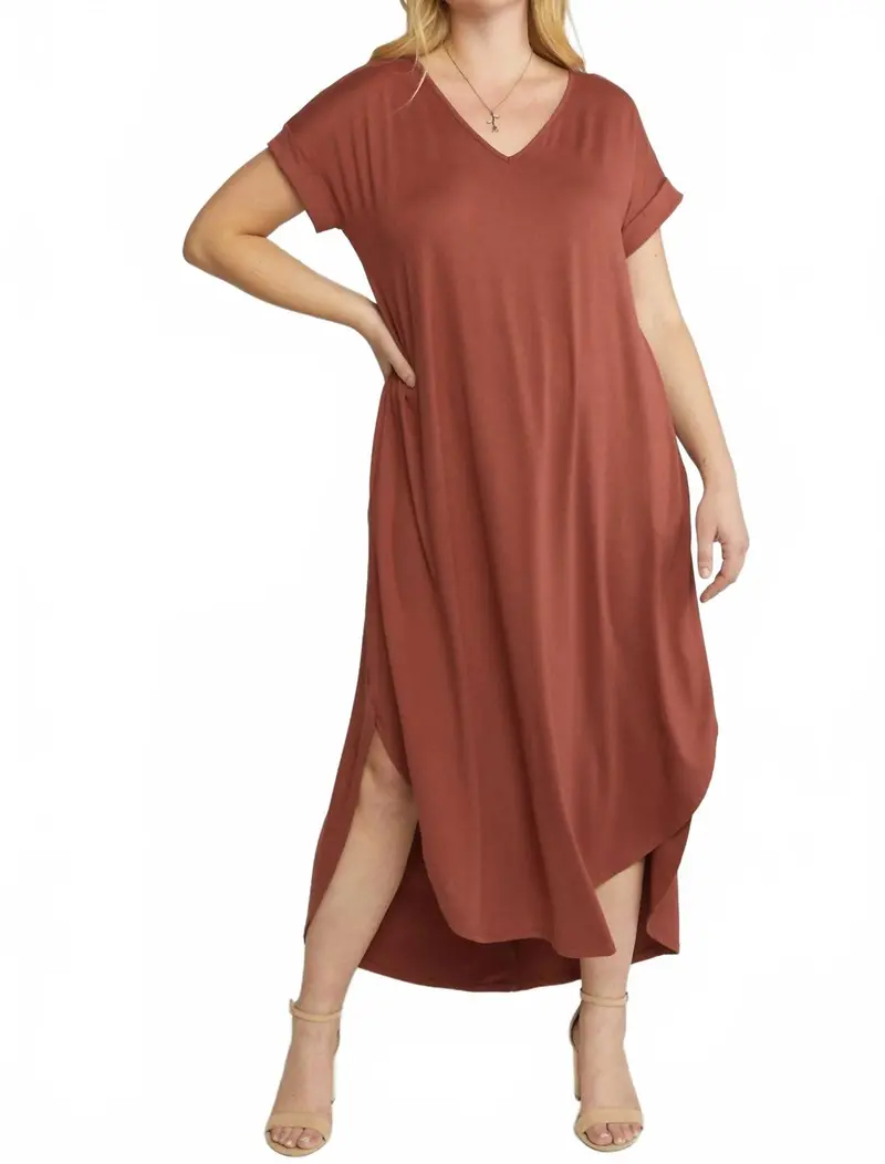 Jersey Knit V Neckline Maxi Dress With Pockets In Marsala 1