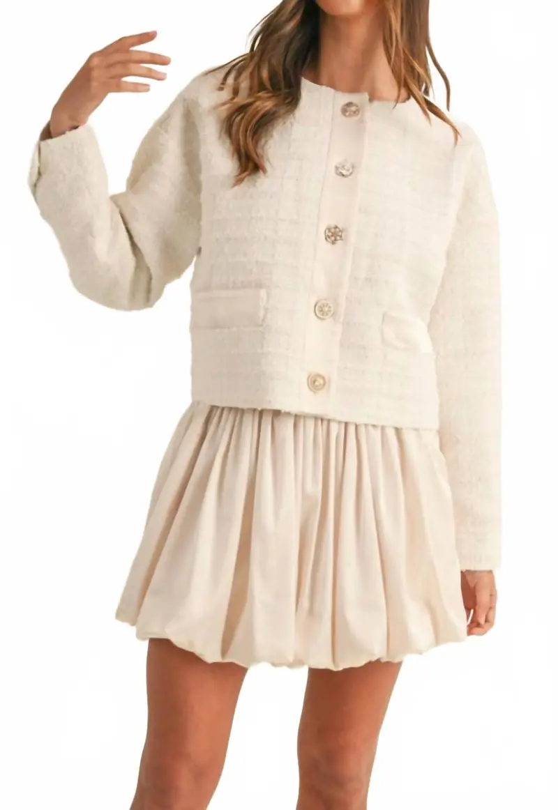 Jewel Button Up Tweed Jacket In Cream 1