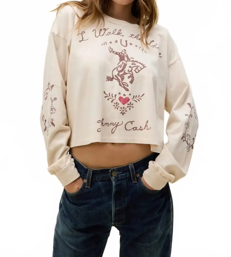Johnny Cash Walk The Line Meet & Greet Long Sleeve Top In Dirty White 1