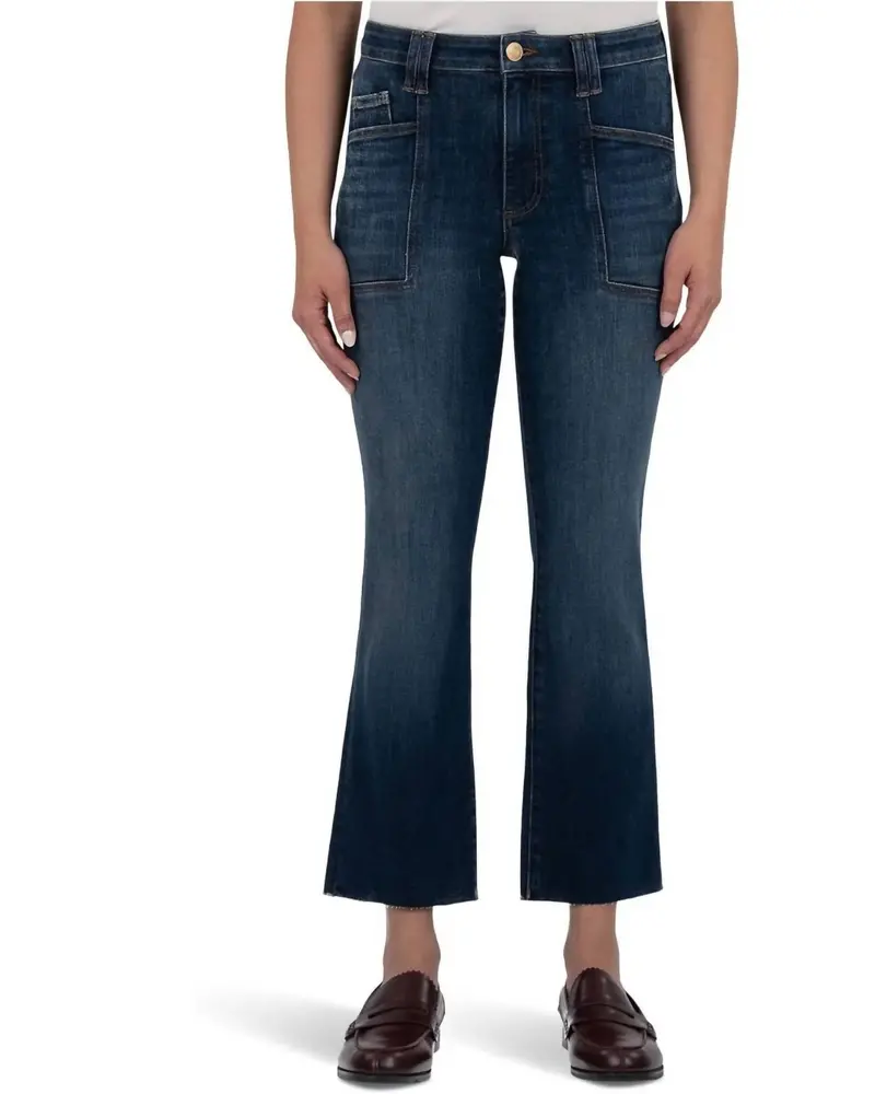 Kelsey High Rise Flare Front Pockets Inset Raw Hem Jean In Precocious 1