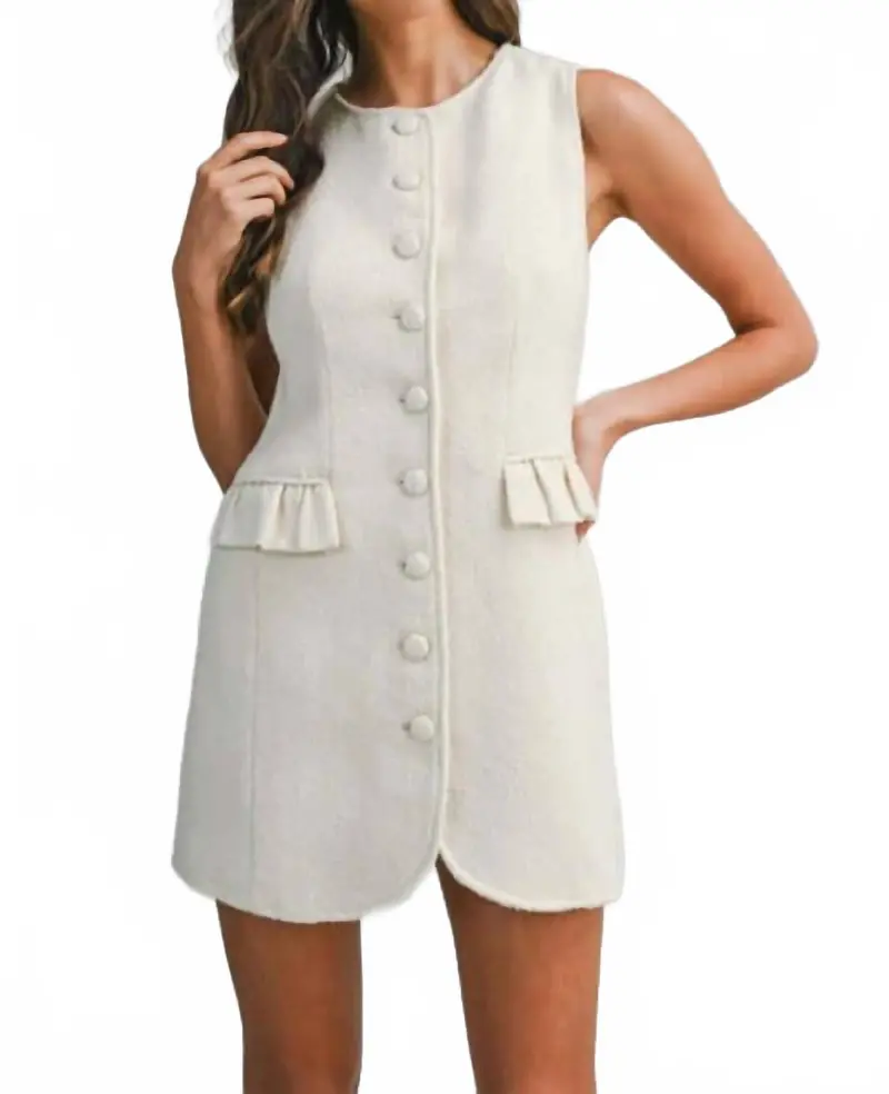 Kimberly Tweed Sleeveless Ruffle Pocket Mini Dress In Cream 1
