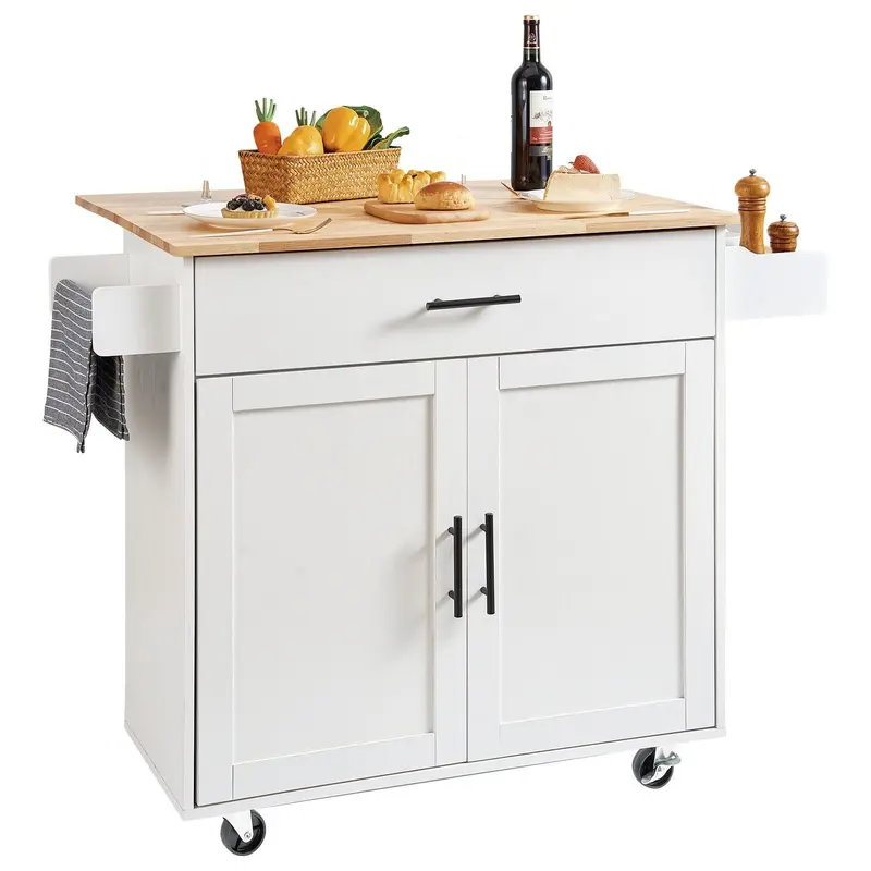 Kitchen Island Cart With Solid Wood Top, 35.4" Width Mobile Carts With Storage Cabinet, Rolling Kitchen Table With Spice Rack, Towel Rack, Drop Leaf And Drawer, Portable Islands On Wheels, White 1