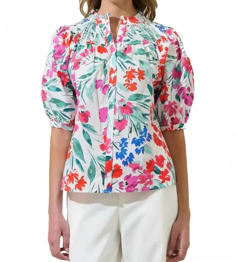 Kivia Blossom Smocked Neck Top In Floral 1