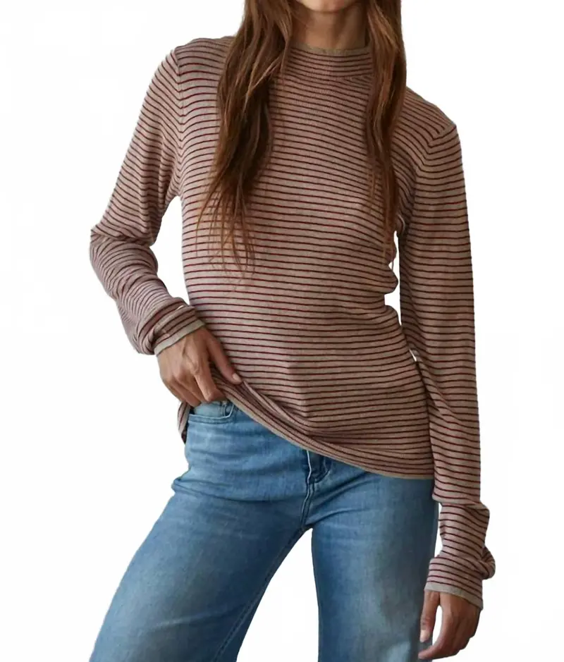 Knit Sweater Striped Mock Neck Top In Taupe Red 1