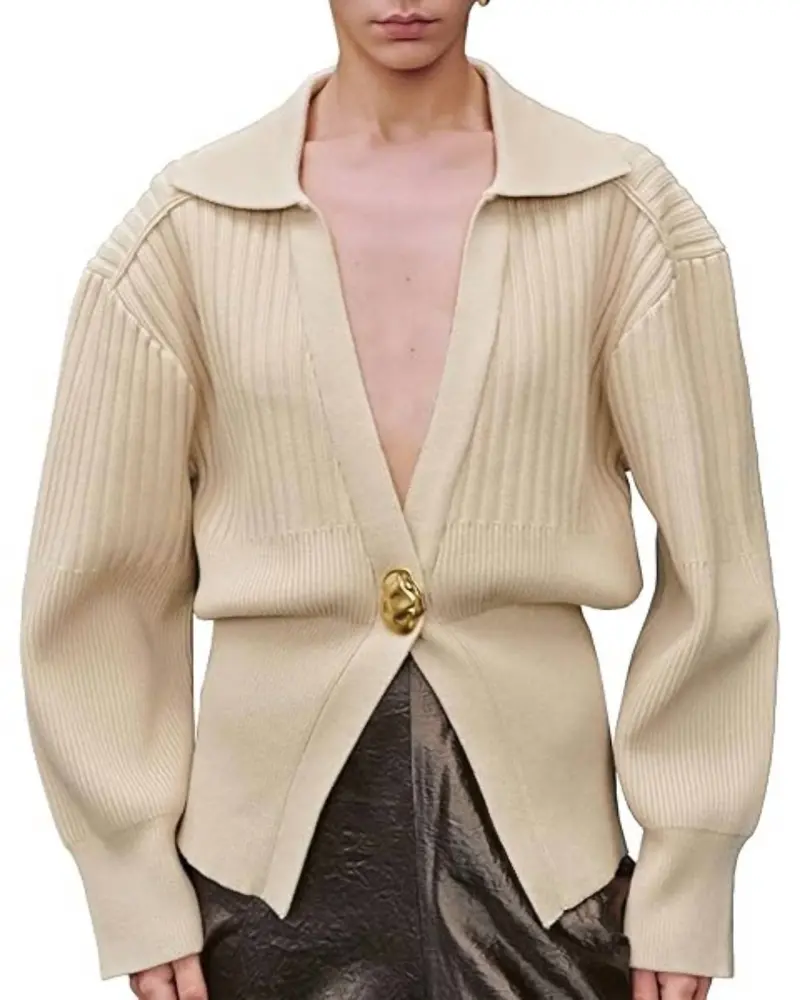 Knitted Collared Cardigan In Cream 1