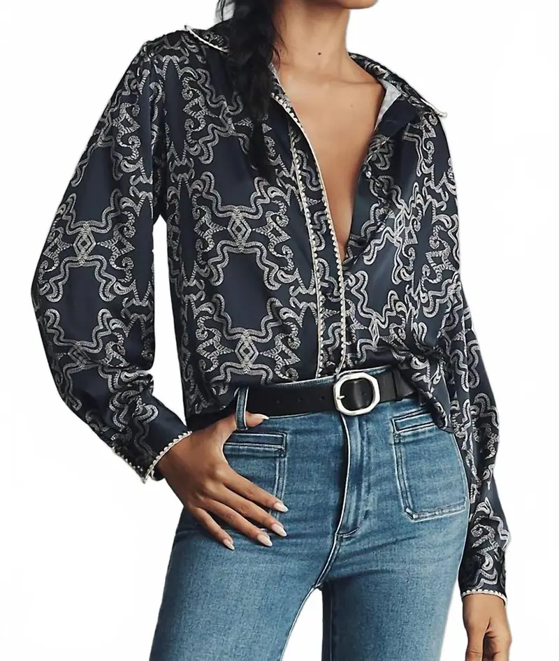 Kodie Top Silky Blouse In Navy Print 1