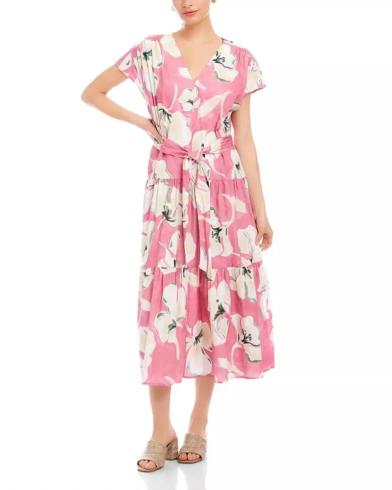 Kristine Tiered Front Slit Midi Dress In Pink Floral 1