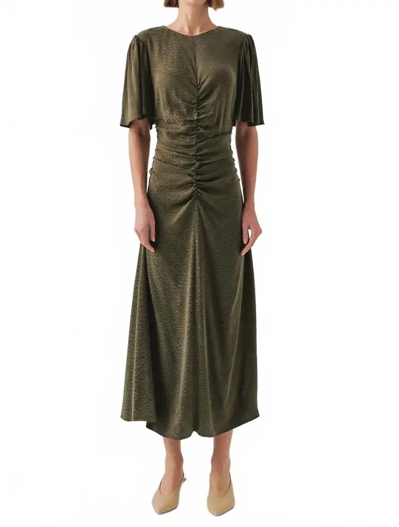 Kylee Short Sleeve Draped Dress In Khaki 1