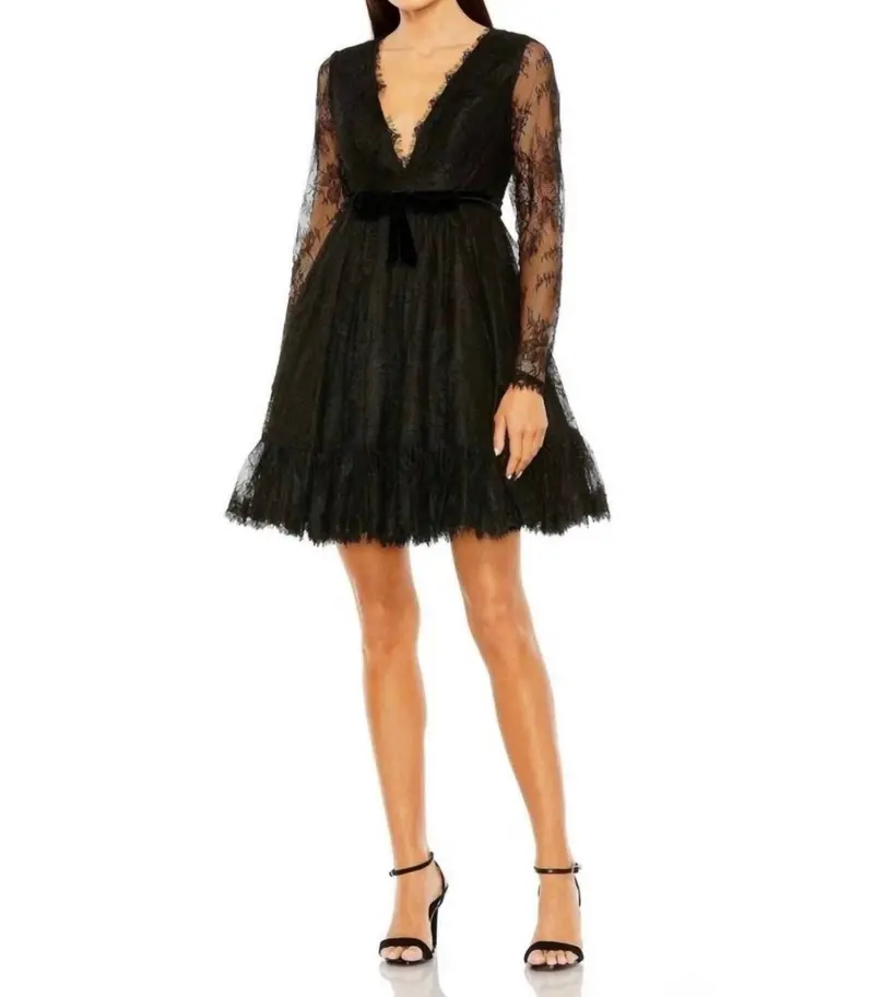 Lace Long Sleeve Mini Dress In Black 1