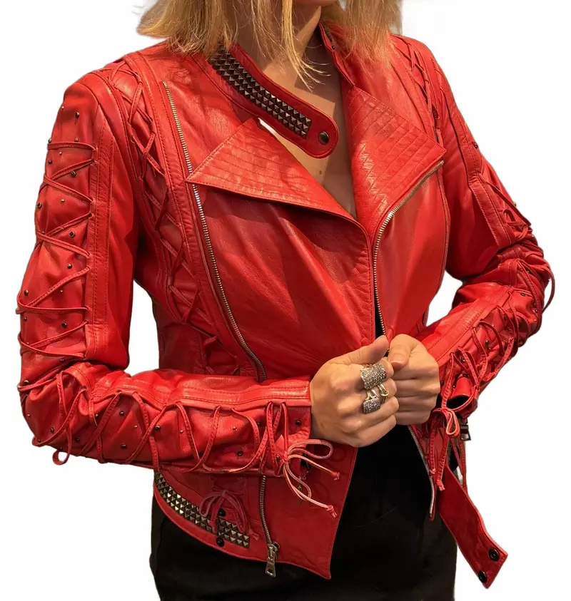 Laced Heart Leather Moto Jacket In Red 1
