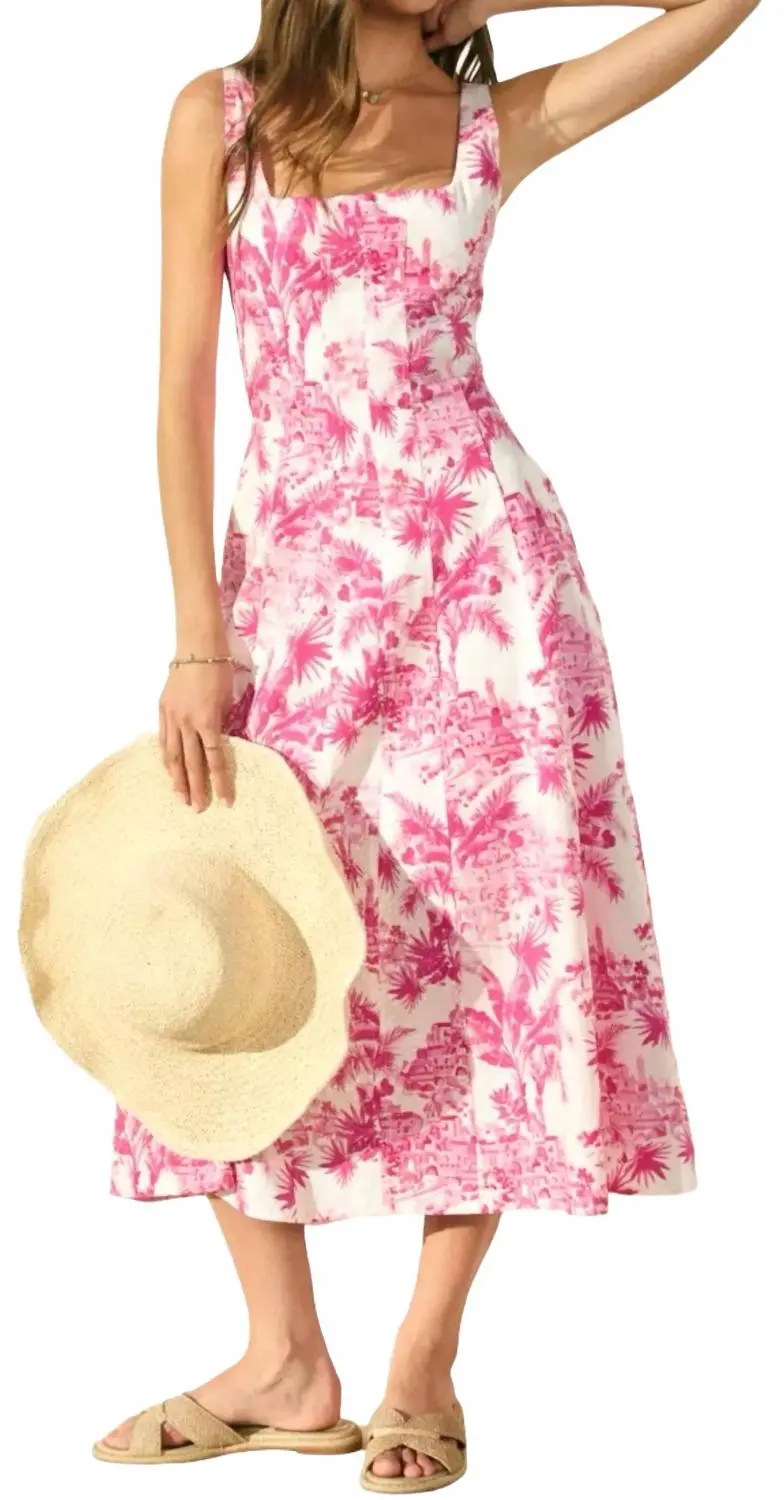 Laguna Palm Square Neck Paneled Dress In Hot Pink/White 1