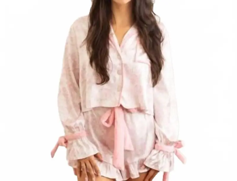 Lane Satin Ruffle Pajama Short Set In Pink Bow Toile 1