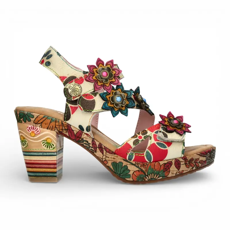 Laura Vita Women's Marlene 12 Beige Floral Leather Wedge Heel Espadrille Sandals 1