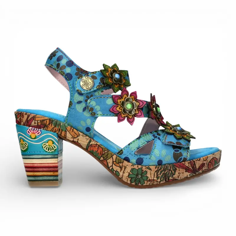Laura Vita Women's Marlene 12 Blue Floral Leather Wedge Heel Espadrille Sandals 1