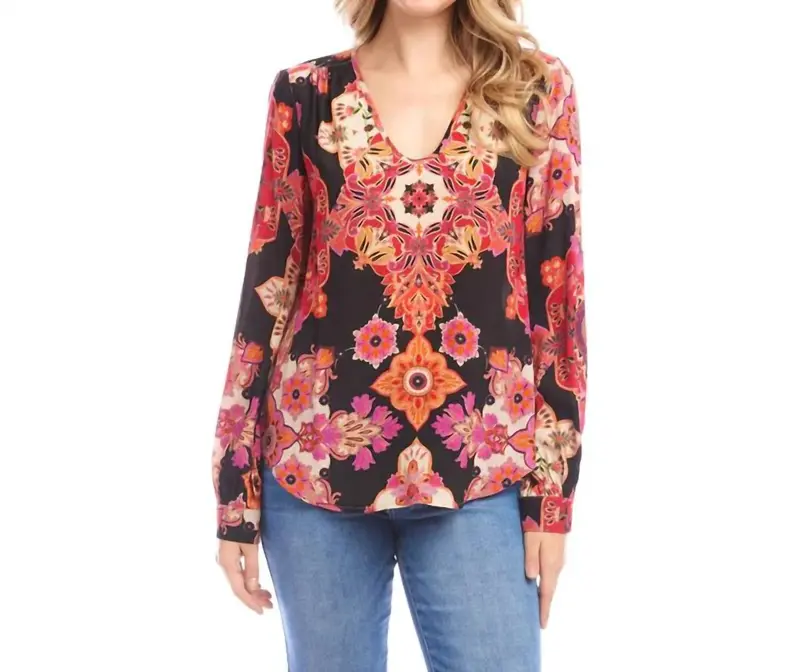 Lavinia Long Sleeve Shirred Blouse In Multi 1