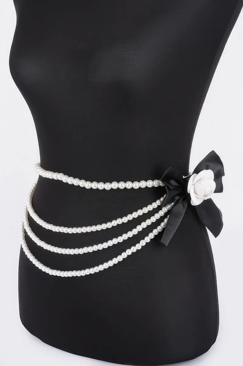 Layered Faux Pearl Flower Ribbon Belt 1