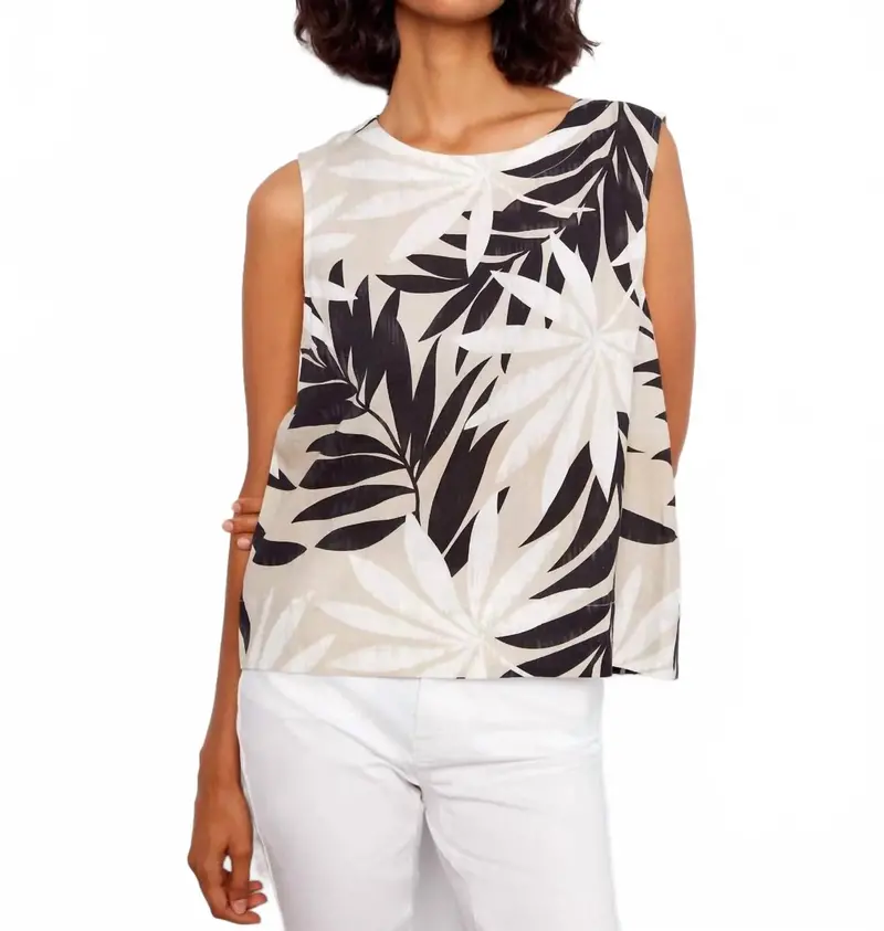Leaflet Print Linen Blend Sleeveless Blouse In Black 1