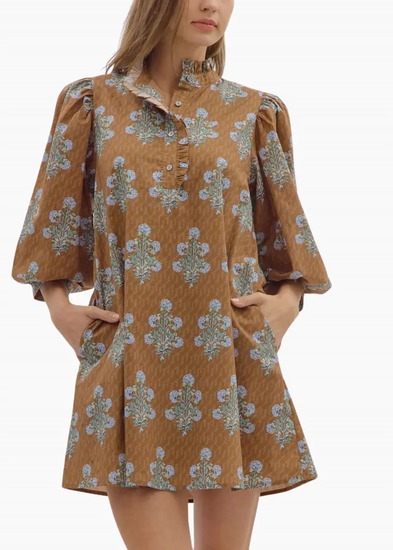 Leena 3/4 Sleeve Mini Dress In Camel 1