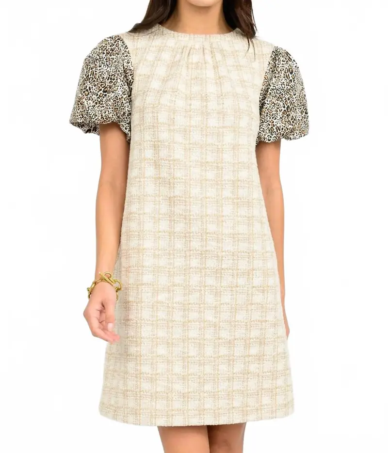 Leopard Puff Sleeve Mini Dress In Natural 1