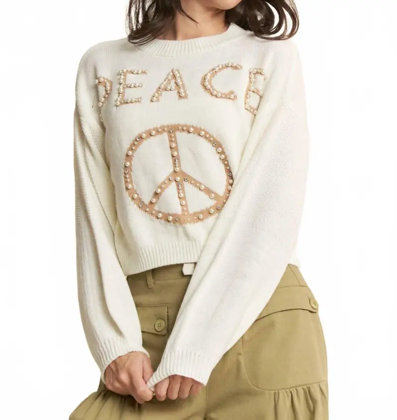 Light-Weight Knit Pearl Studs Sweater Top With Peace In Cream 1
