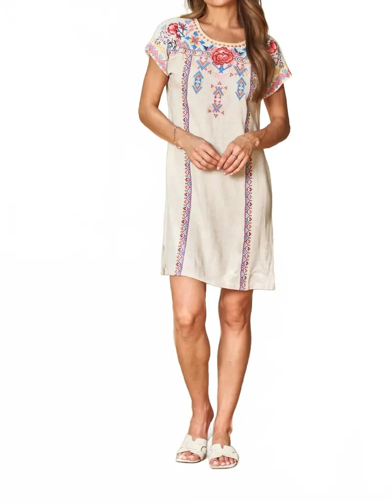 Linen Blend Embroidered Shift Dress In Oatmeal 1