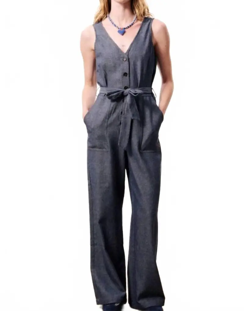 Linen Blend Jumpsuit In Bleu Marine 1