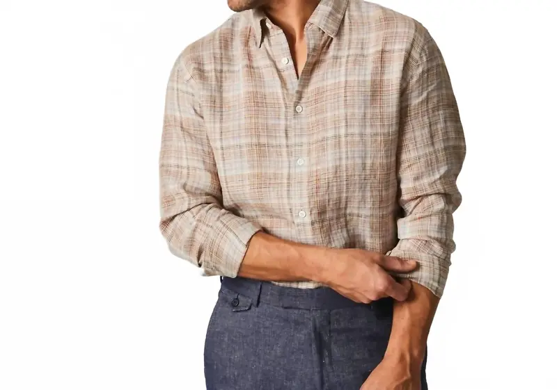 Linen Line Plaid Wilson Shirt In British Khaki/Silver 1