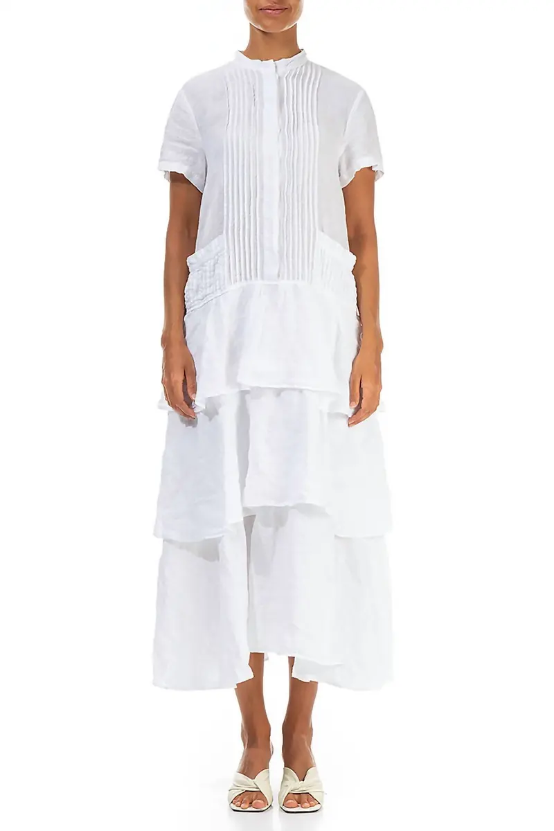 Linen Pleated Front Dress With Tiered Skirt In White 1