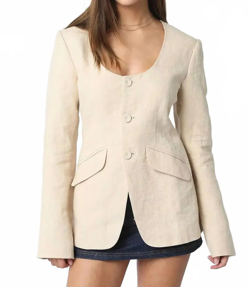 Linen Scoop Neck Blazer In Natural 1