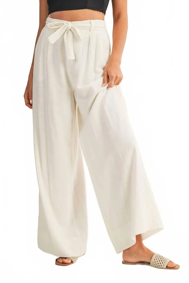 Linen Trousers With Lace Trimmed Belt In White 1