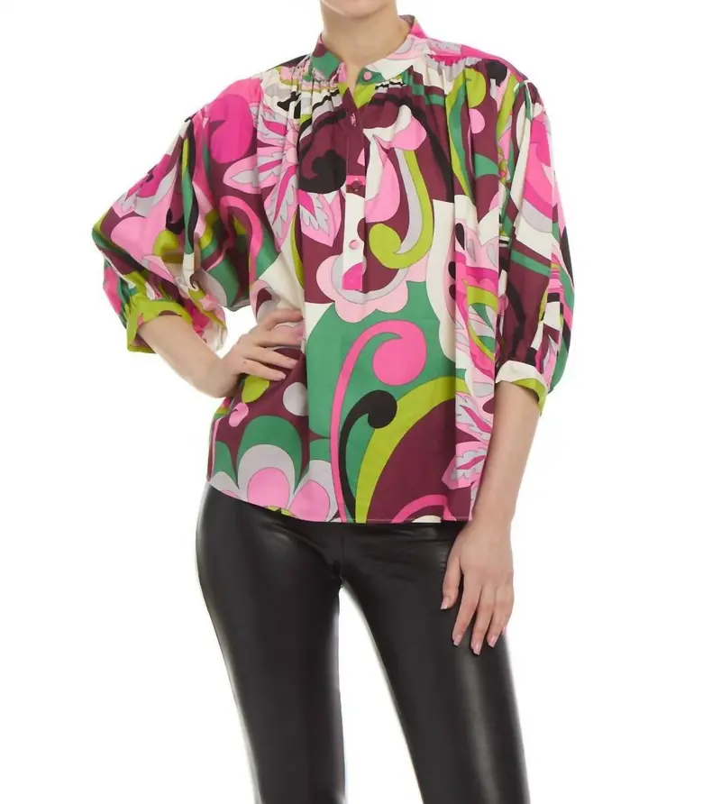 Lola Ruffle Neck Blouse In Pink Multi 1