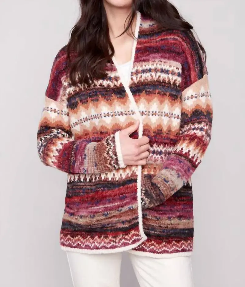 Long Jacquard Cardigan With Patch Pockets In Jewel 1