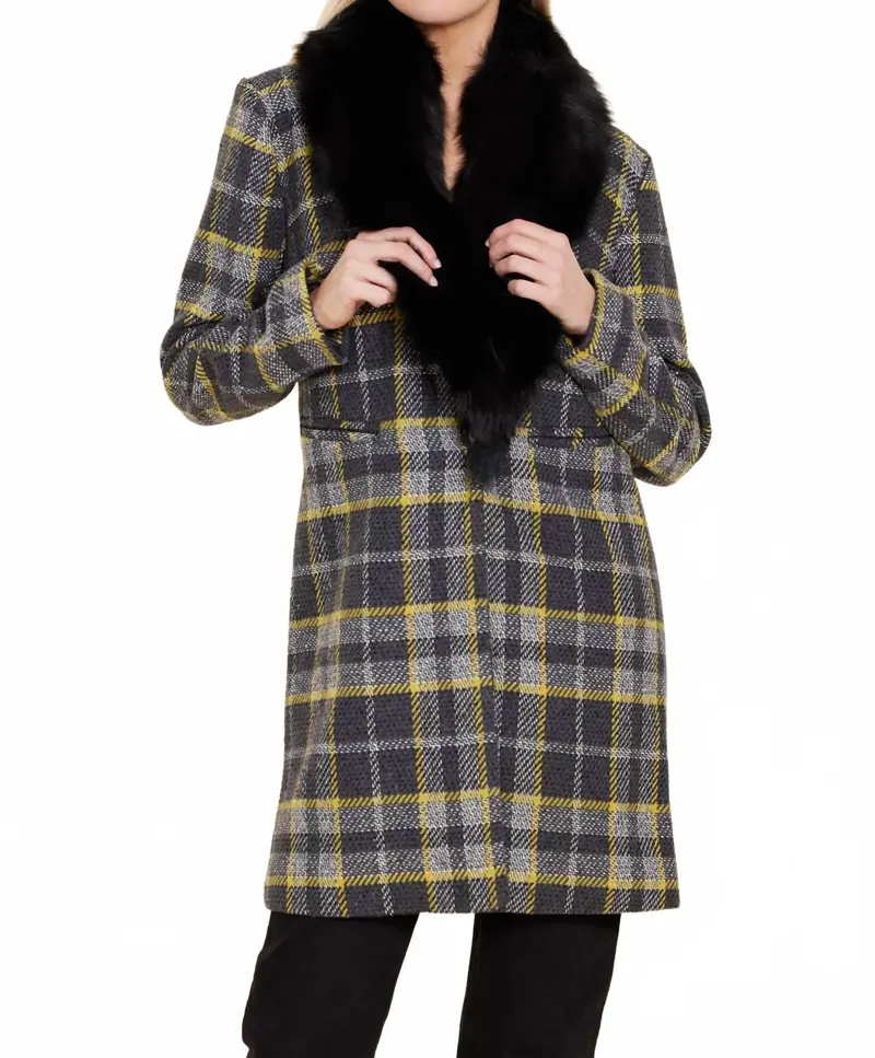 Long Plaid Coat With Detachable Fur Collar In Yellow/Grey 1