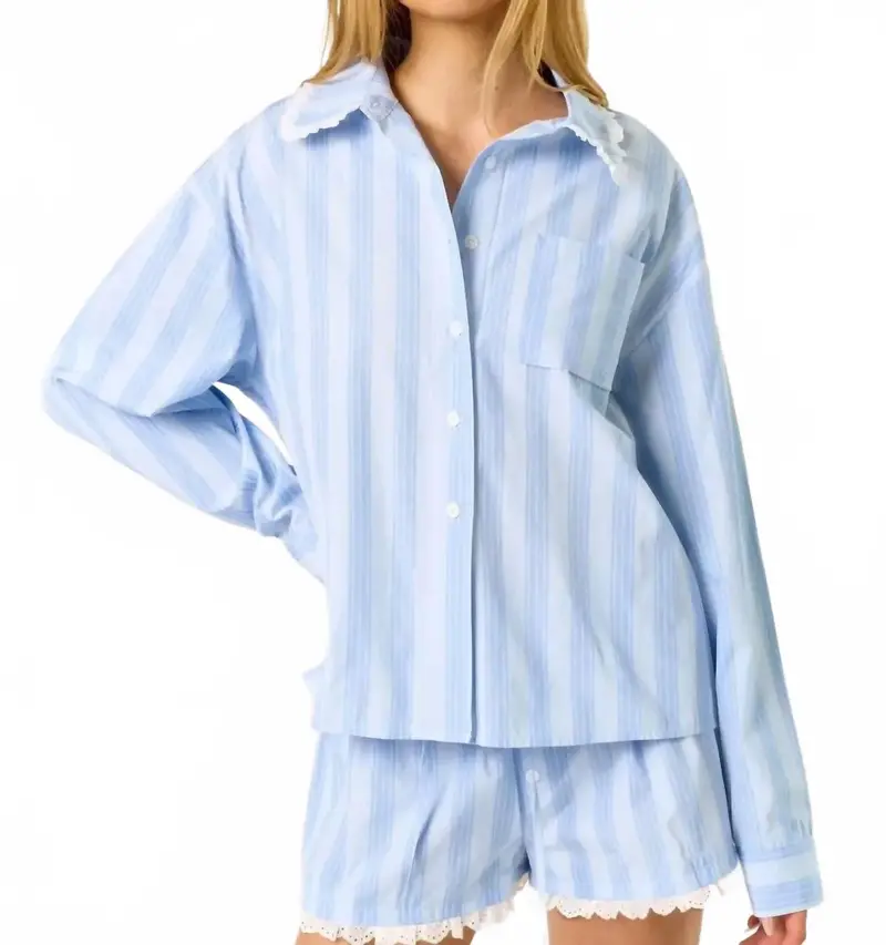 Long Sleeve And Shorts Pajama Set In Blue Striped 1