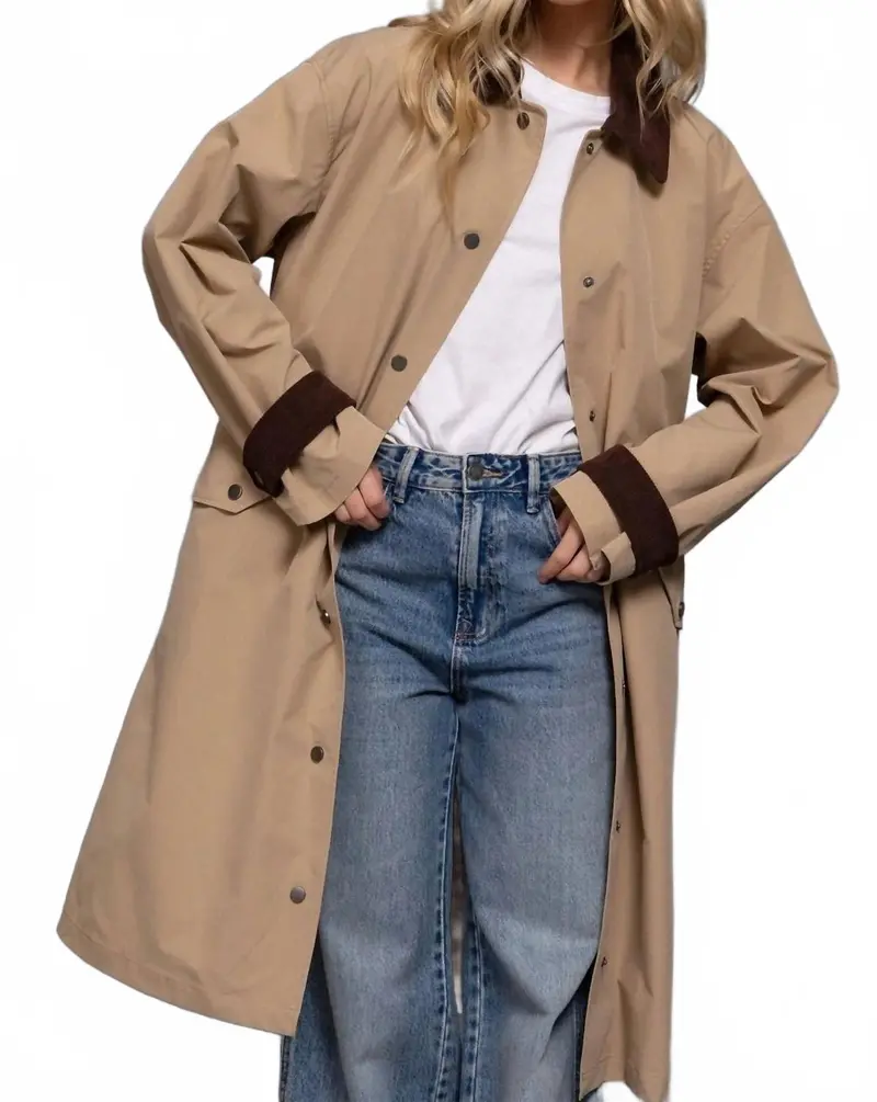 Long Sleeve Contrast Collar Button Down Trench Coat In Khaki 1