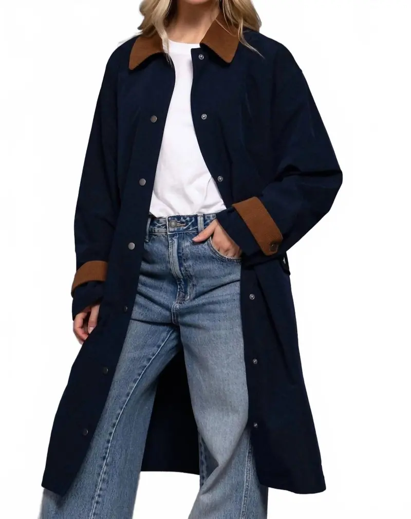 Long Sleeve Contrast Collar Button Down Trench Coat In Navy 1