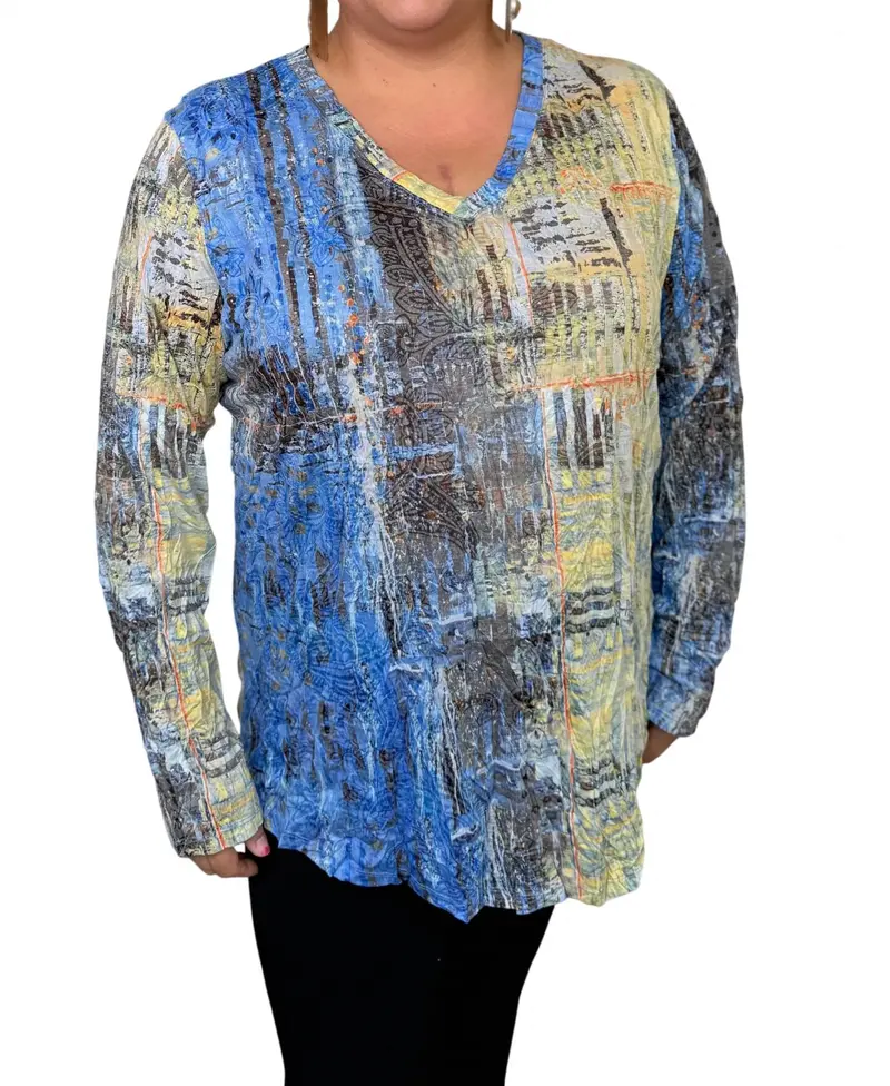 Long Sleeve Crinkle Tunic Top In Blue/Multi 1
