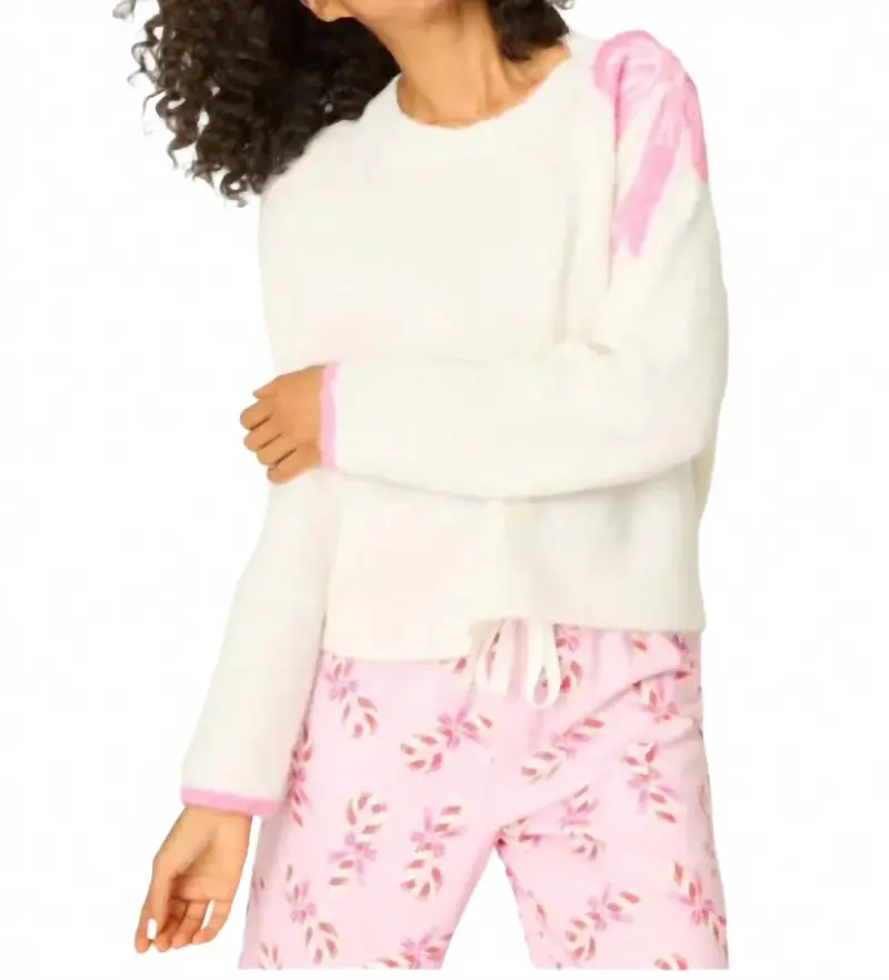Long Sleeve Pajama Sweater With Bow Top In Ivory 1